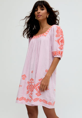 Clara Square Neck Embroidered Mini Dress In Pink