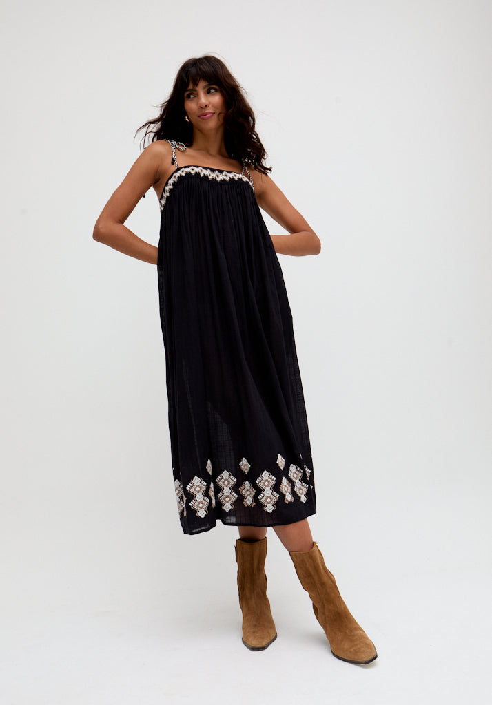 Theodora Spaghetti Strap Embroidered Midi Dress