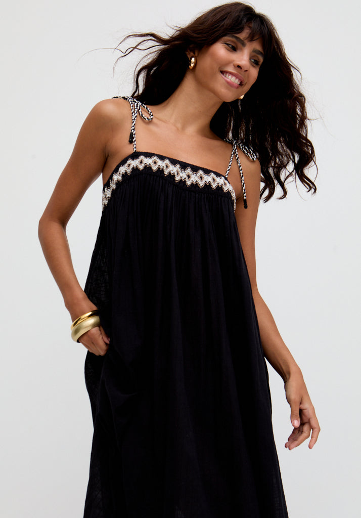 Theodora Spaghetti Strap Embroidered Midi Dress In Black