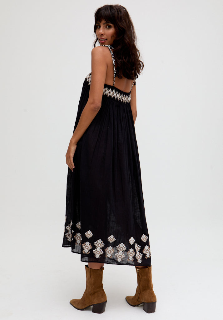 Theodora Spaghetti Strap Embroidered Midi Dress In Black