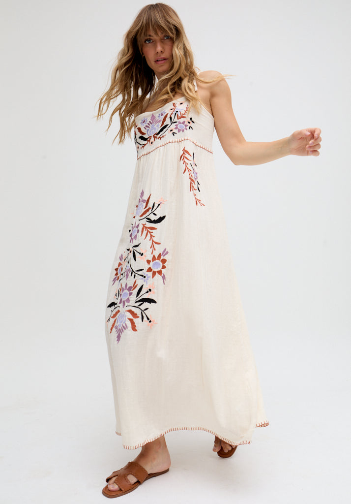 Furla Smocked Panel Embroidered Midi Dress In Cream