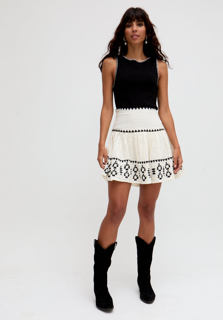 Estella Tiered Embroidered Mini Skirt In Cream