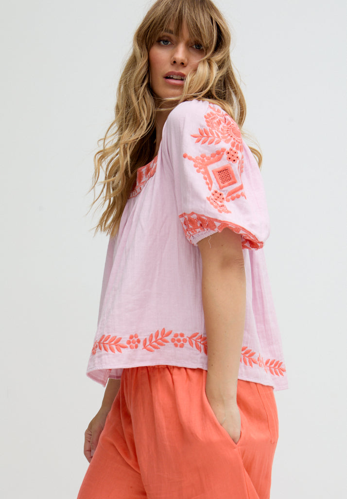 Clara Square Neck Embroidered Blouse In Pink