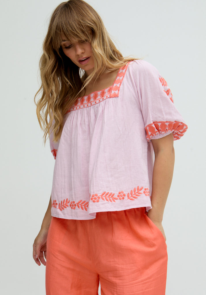 Clara Square Neck Embroidered Blouse In Pink