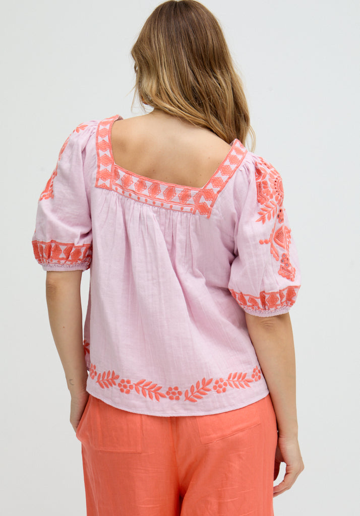 Clara Square Neck Embroidered Blouse In Pink