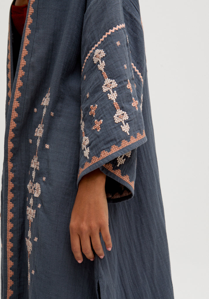 Gloral Edge To Edge Embroidered Kimono In Grey