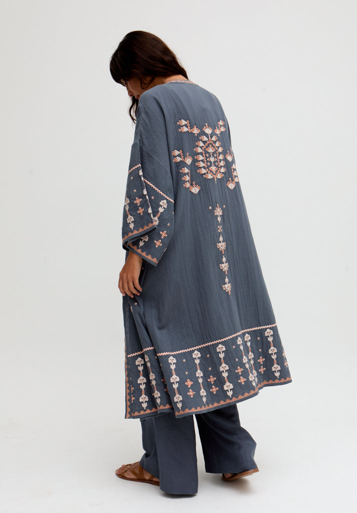 Gloral Edge To Edge Embroidered Kimono In Grey