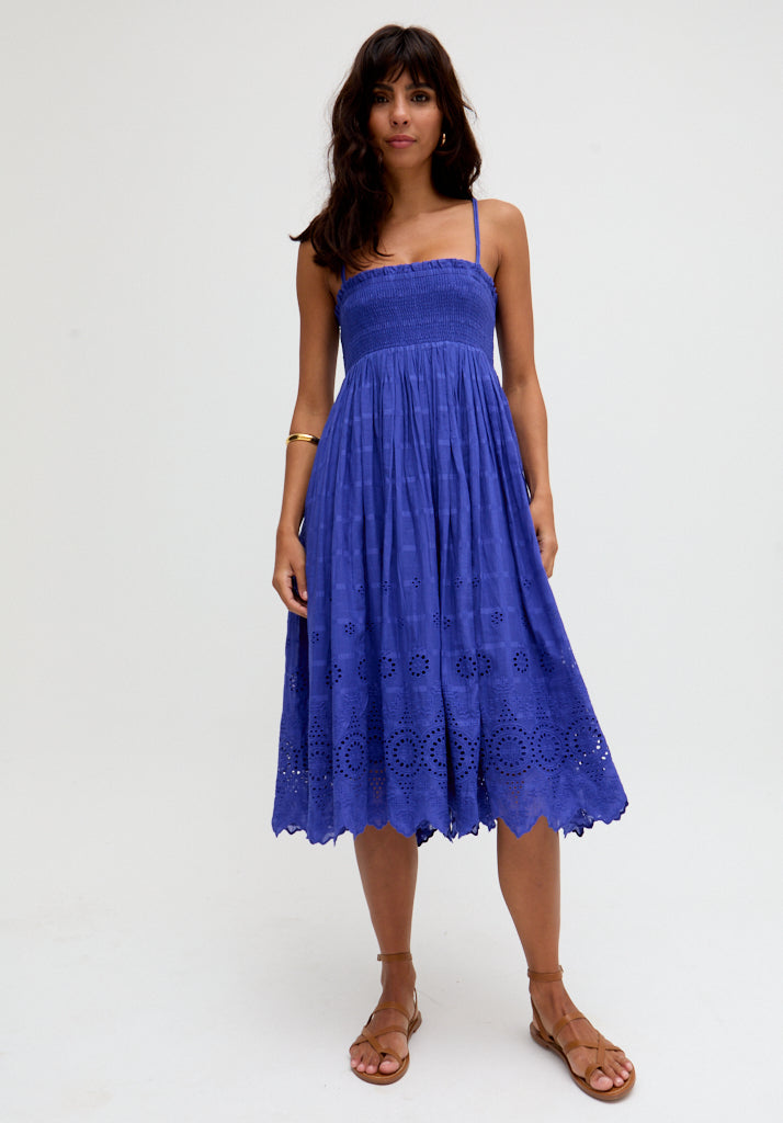 Mirella Detachable Straps Embroidered Midi Dress In Blue