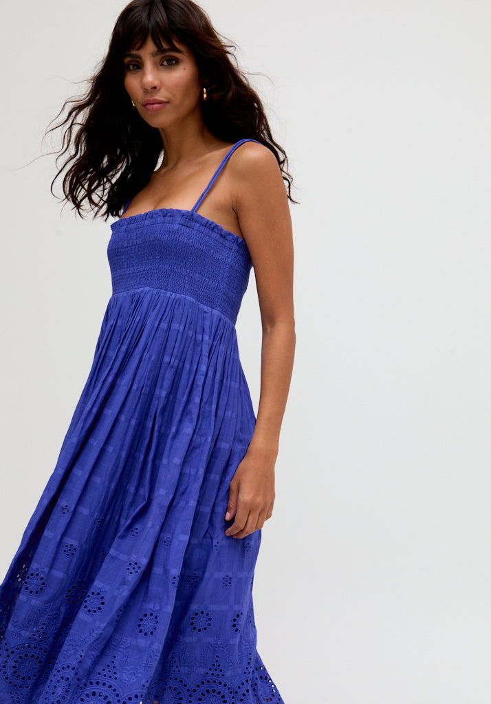 Mirella Detachable Straps Embroidered Midi Dress In Blue