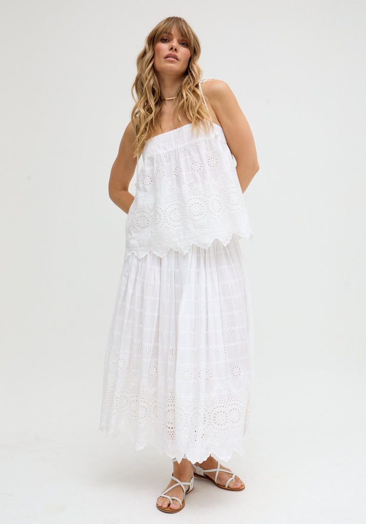 Mirella Smocked Waist Embroidered Midi Skirt