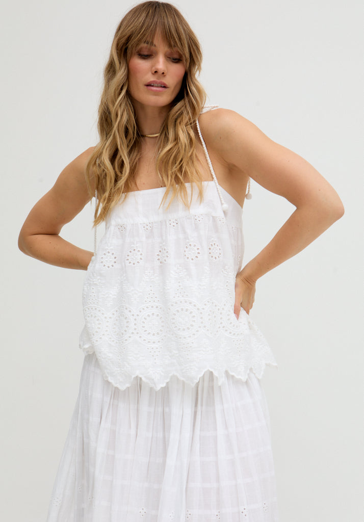 Mirella Smocked Waist Embroidered Midi Skirt In White