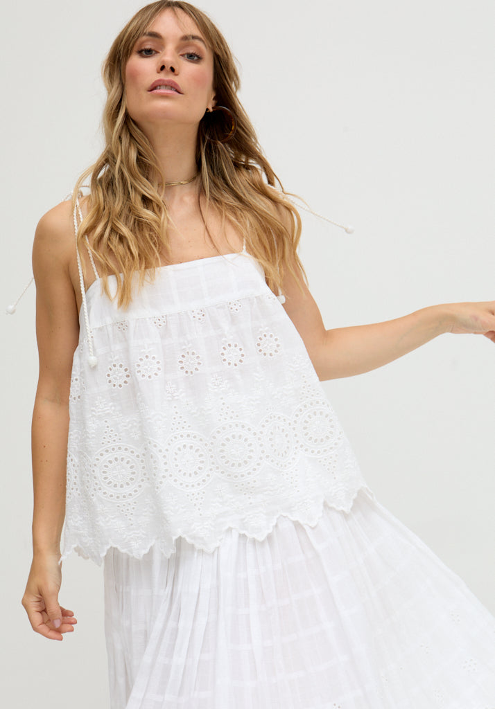 Rufa Spaghetti Strap Embroidered Cami In White