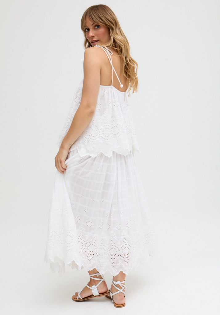 Mirella Smocked Waist Embroidered Midi Skirt In White