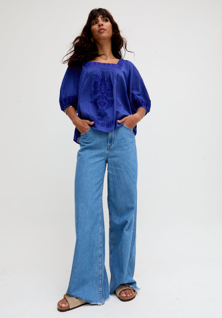 Rhea Square Neck Embroidered Blouse In Blue