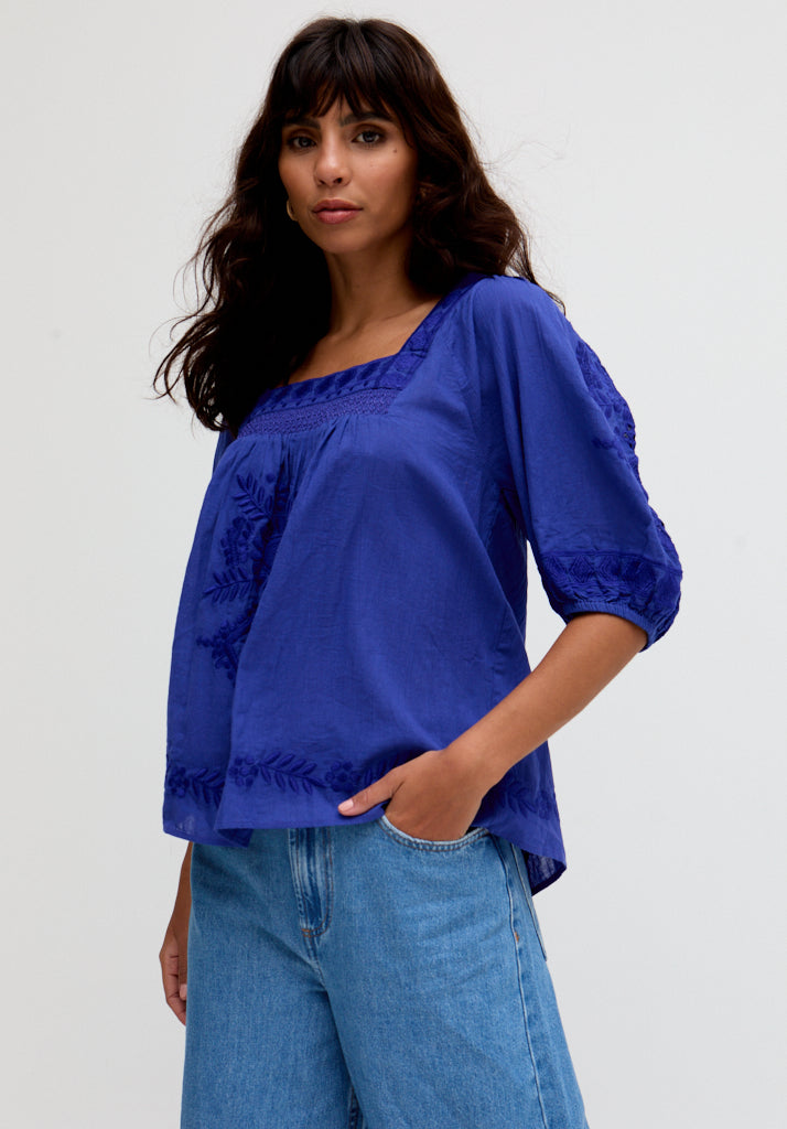 Rhea Square Neck Embroidered Blouse In Blue