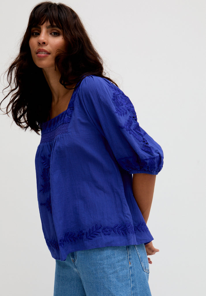 Rhea Square Neck Embroidered Blouse In Blue