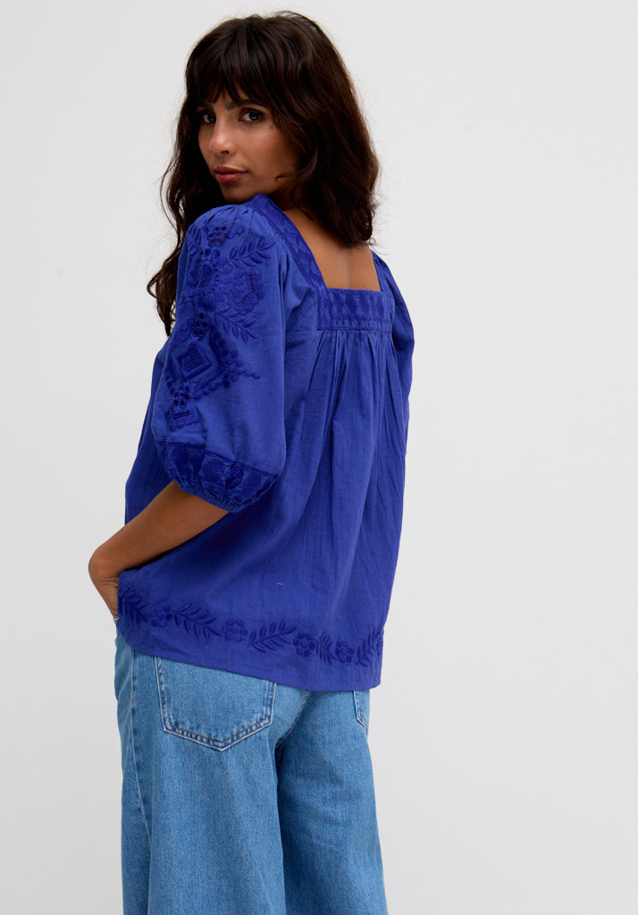 Rhea Square Neck Embroidered Blouse In Blue