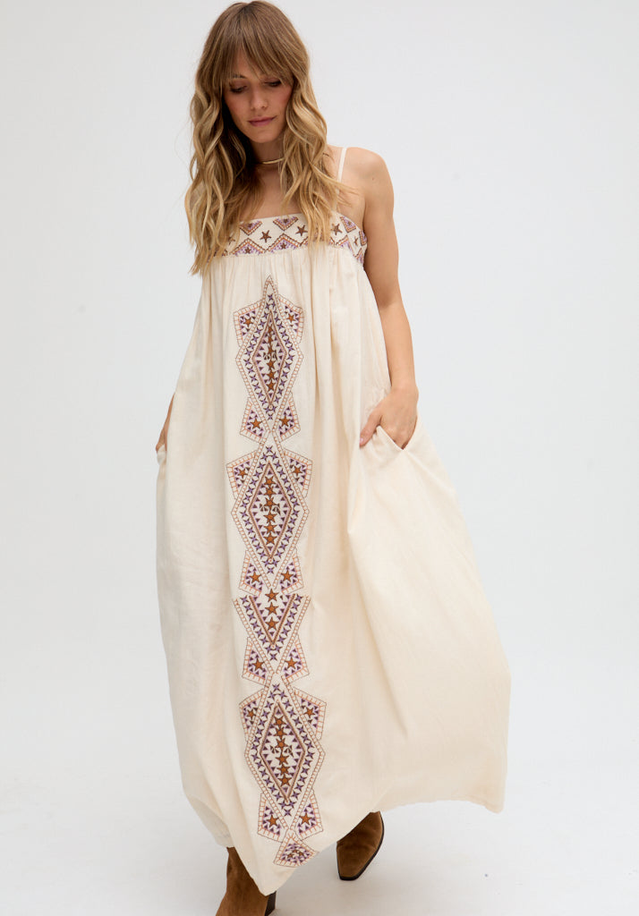 Sapphire Spaghetti Strap Embroidered Maxi Dress In Cream