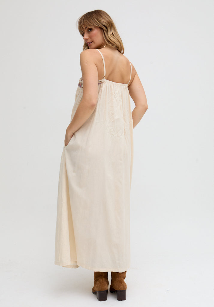 Sapphire Spaghetti Strap Embroidered Maxi Dress In Cream