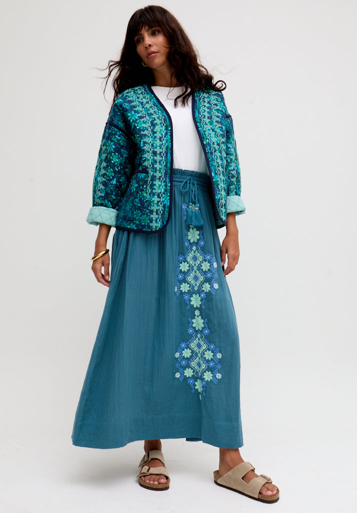 Azalea Paperbag Shirred Waist Maxi Skirt In Blue