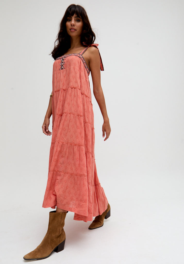 Isla Tiered Embroidered Maxi Dress In Orange