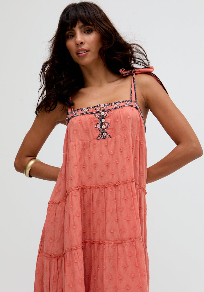 Isla Tiered Embroidered Maxi Dress In Orange