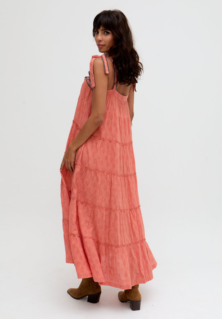 Isla Tiered Embroidered Maxi Dress In Orange