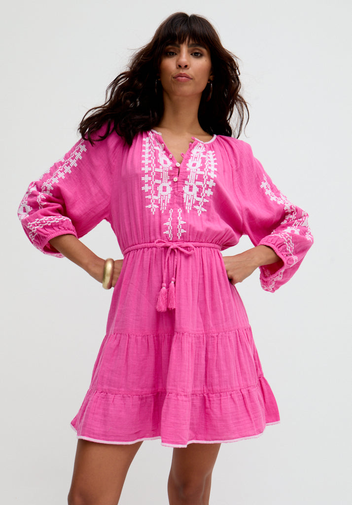 Sophia Tiered Ruffle Embroidered Mini Dress In Pink