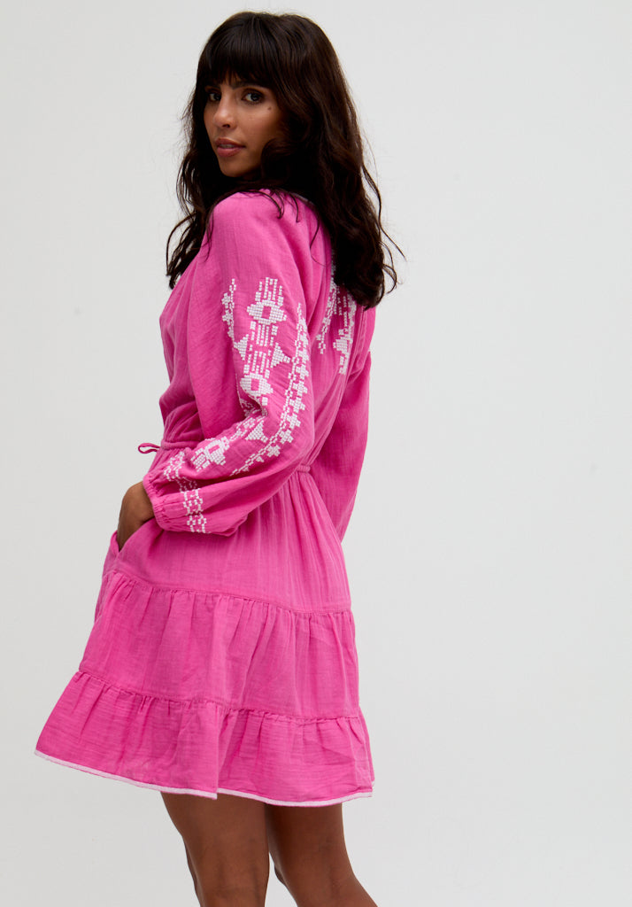 Sophia Tiered Ruffle Embroidered Mini Dress In Pink