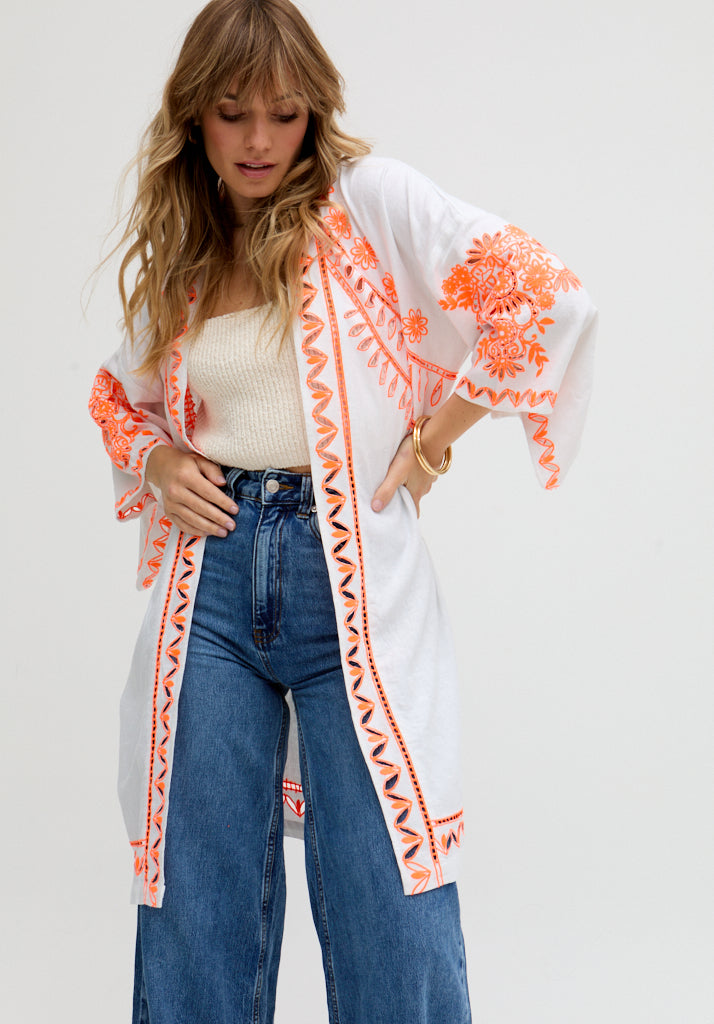 Lupe Edge To Edge Embroidered Kimono In White