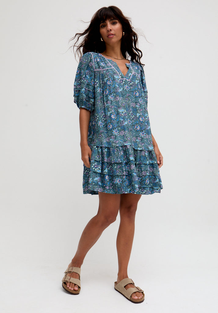 Grace Tiered Hem Floral Printed Mini Dress In Blue