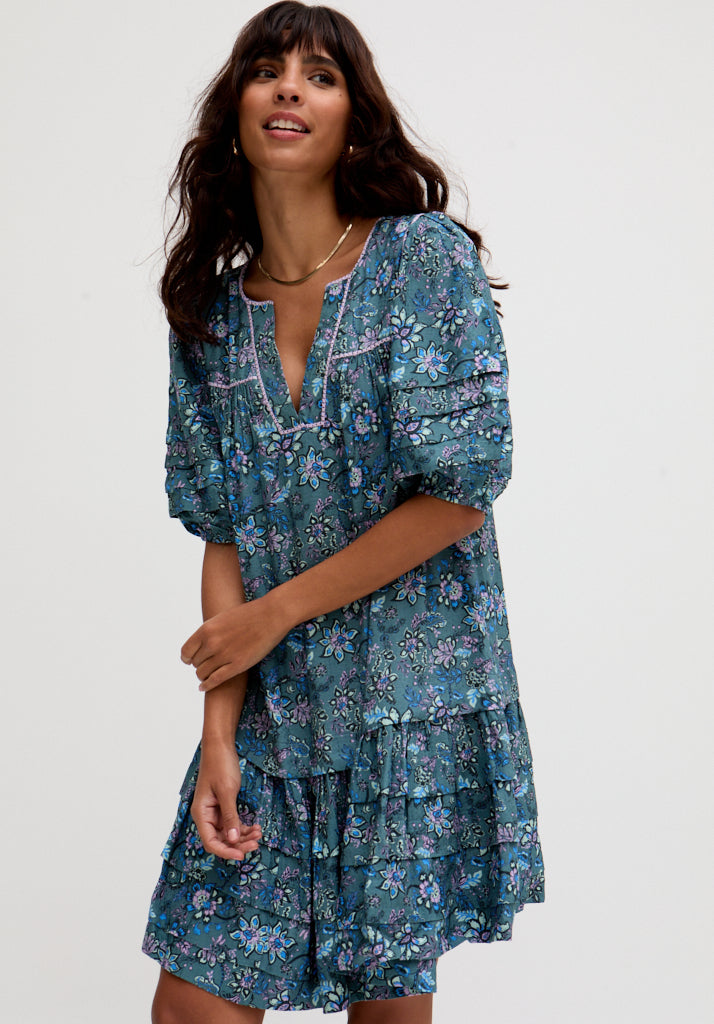 Grace Tiered Hem Floral Printed Mini Dress In Blue