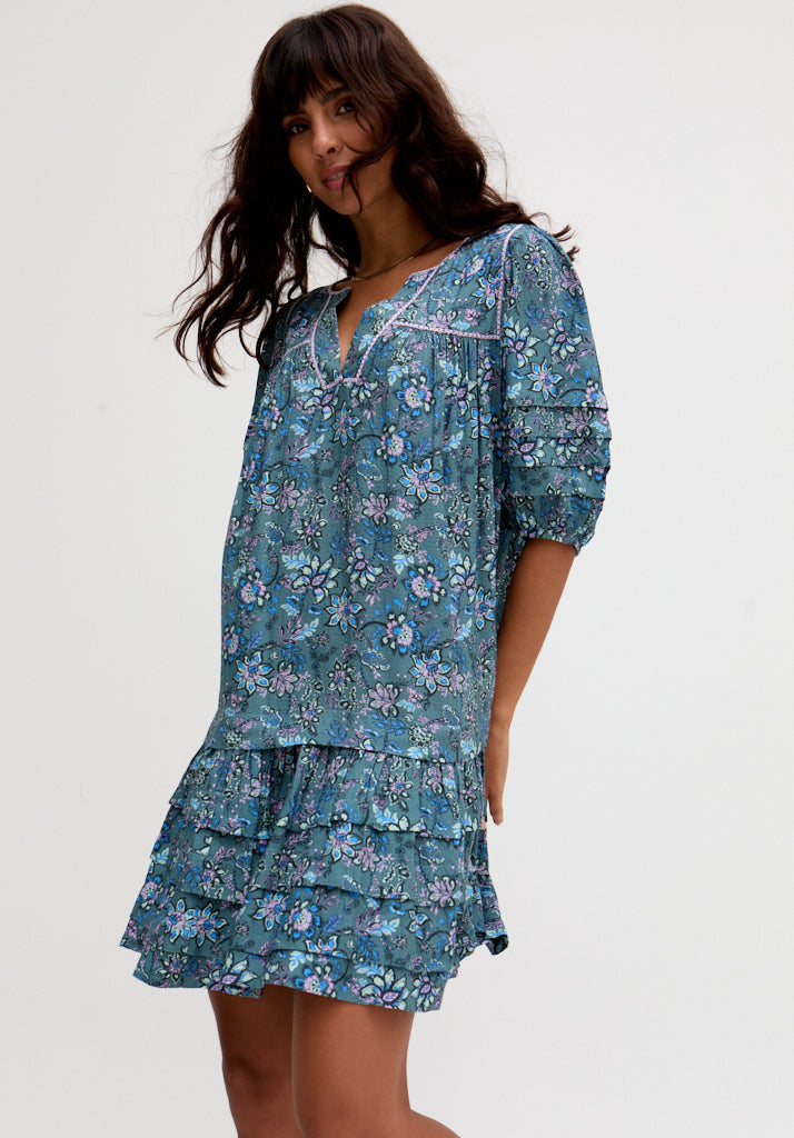 Grace Tiered Hem Floral Printed Mini Dress In Blue