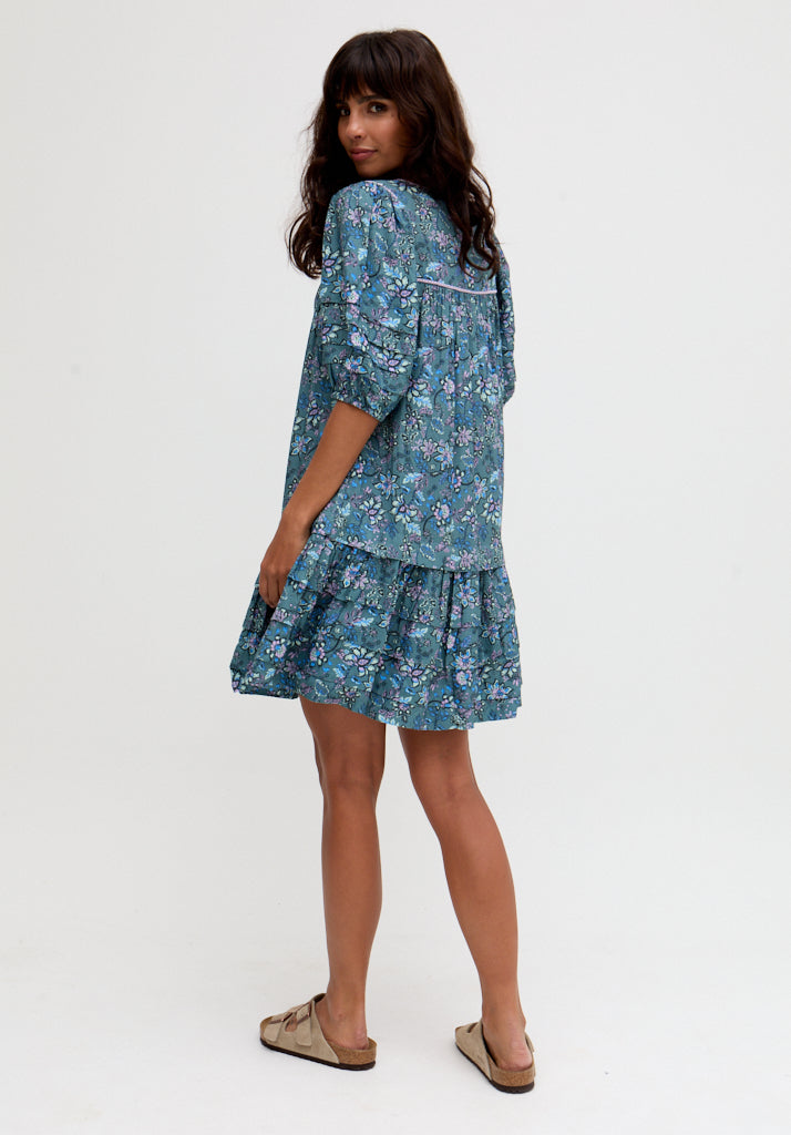 Grace Tiered Hem Floral Printed Mini Dress In Blue