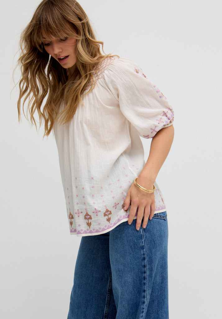 Alba Embroidered Blouse in Cream