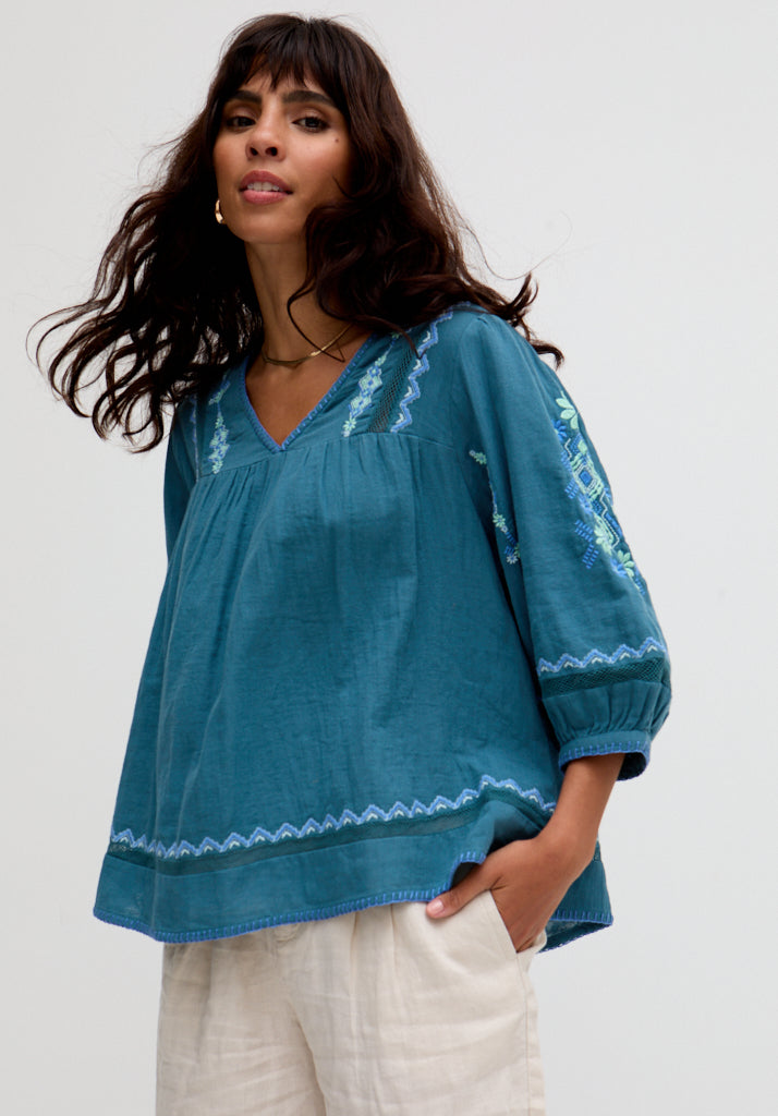 Alice V-Neck Embroidered Blouse In Blue