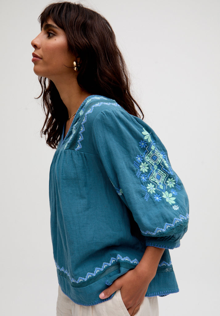 Alice V-Neck Embroidered Blouse In Blue