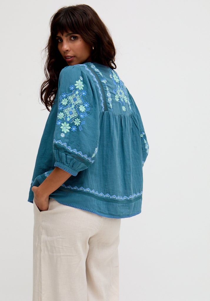 Alice V-Neck Embroidered Blouse In Blue