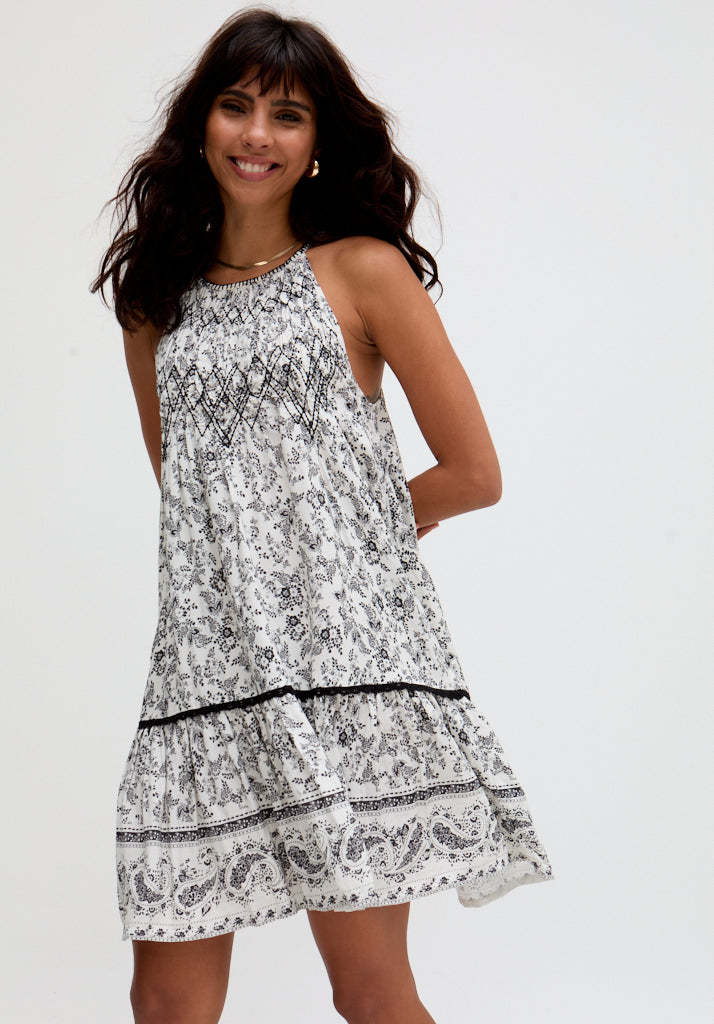 Paige Embroidered Shirring Floral Printed Mini Dress