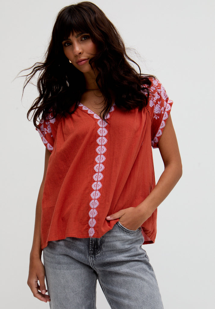 Luna V-Neck Embroidered Blouse In Brown