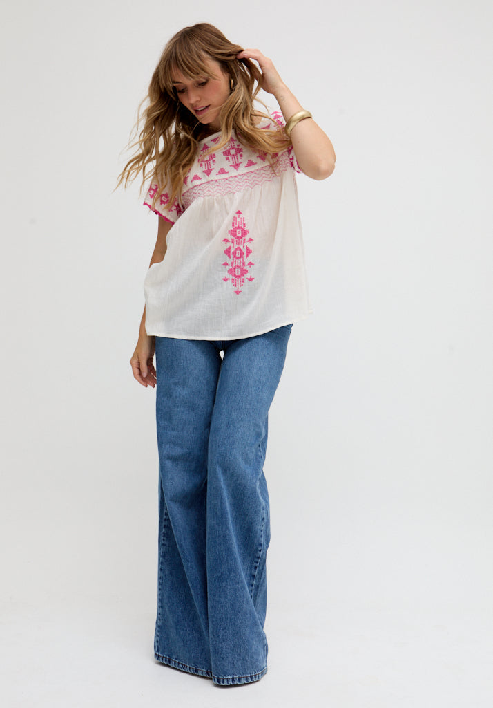 Flora Short Sleeve Embroidered Blouse