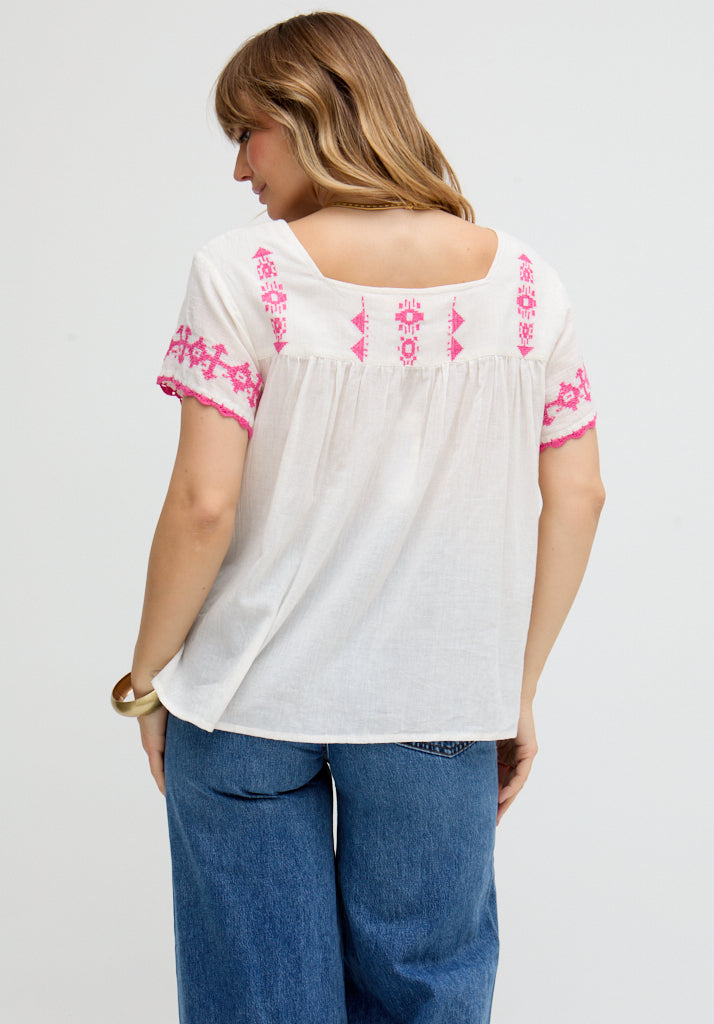 Flora Short Sleeve Embroidered Blouse In White