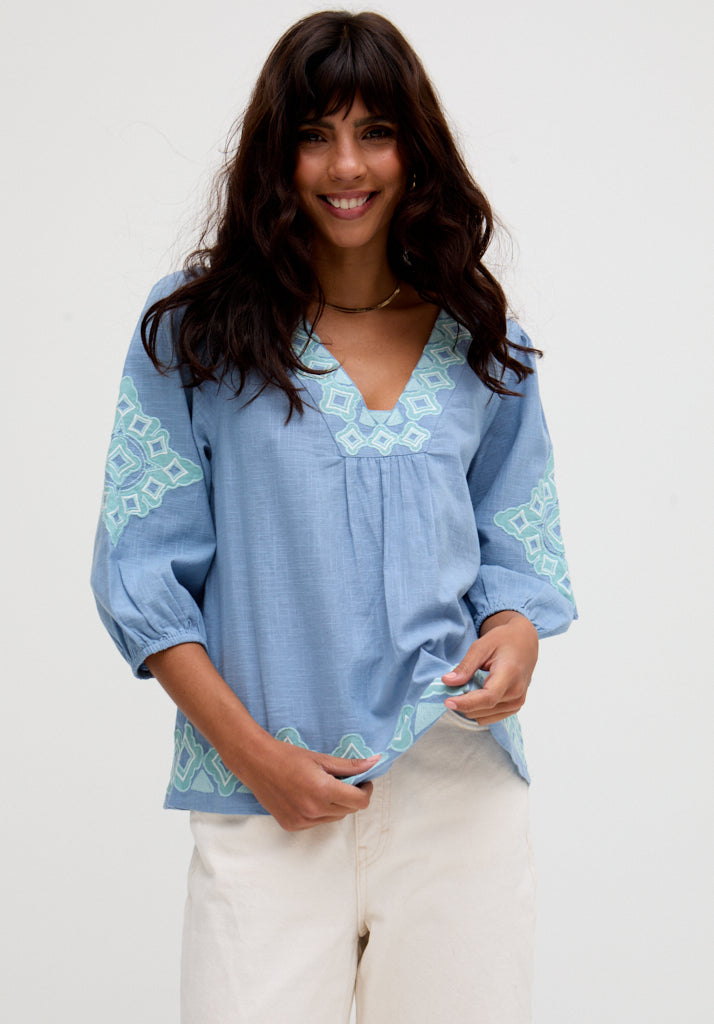 Eve V-Neck Embroidered Blouse In Blue