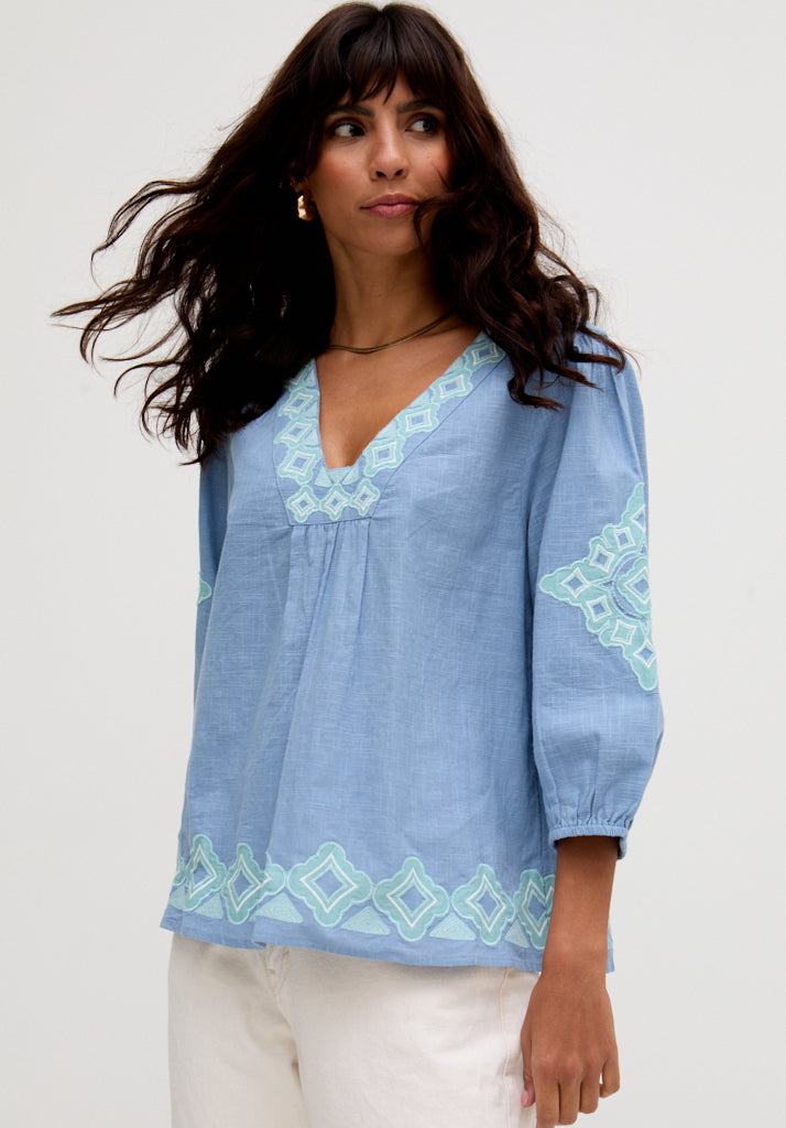 Eve V-Neck Embroidered Blouse In Blue