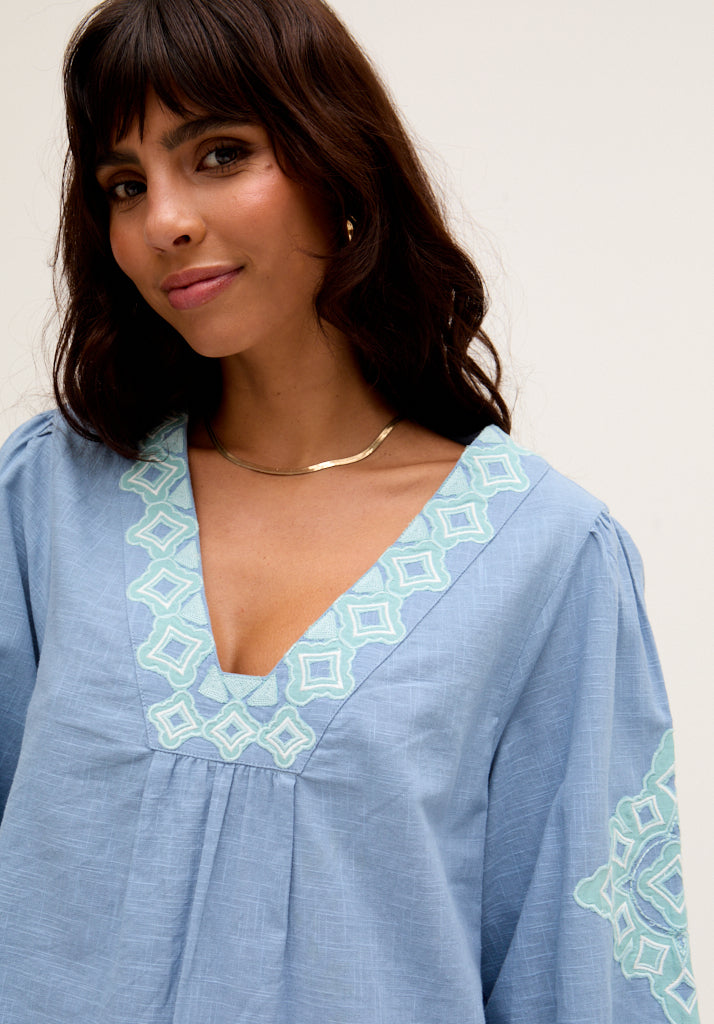 Eve V-Neck Embroidered Blouse In Blue