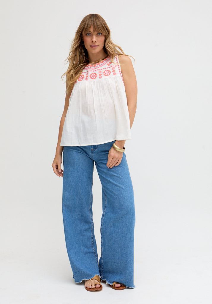 Alma Sleeveless Embroidered Blouse In White