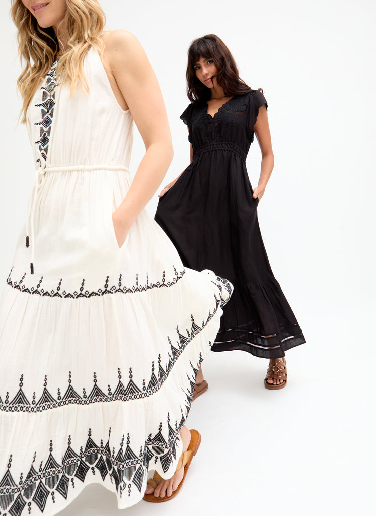 Dual image of Mia Embroidered Maxi Dress In White and Jacinta Embroidered dress in black