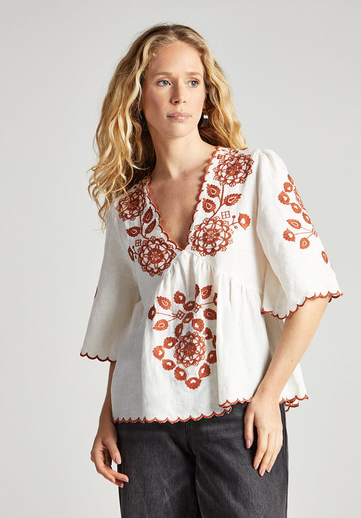 Aubrey Linen Blended Embroidered Blouse | Off-White