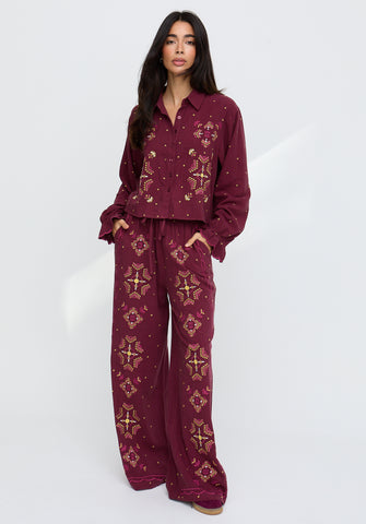 PREORDER Penny Wide Leg Embroidered Trouser In Aubergine