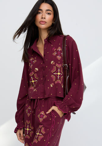 PREORDER Penny Boxy Embroidered Shirt In Aubergine